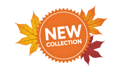 New collection badge with autumn leaves, transparent png, isolated.