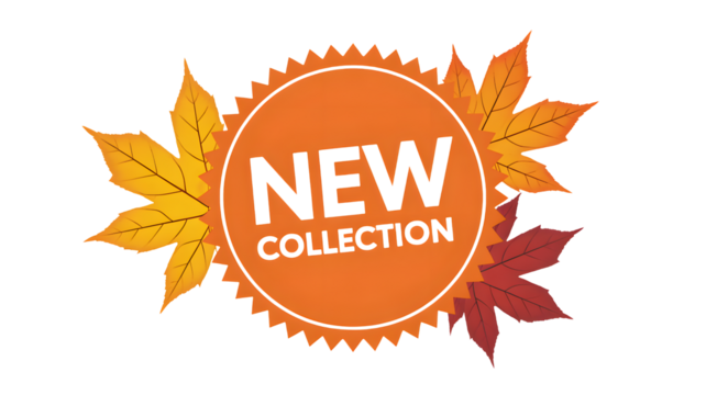 New collection badge with autumn leaves, transparent png, isolated.