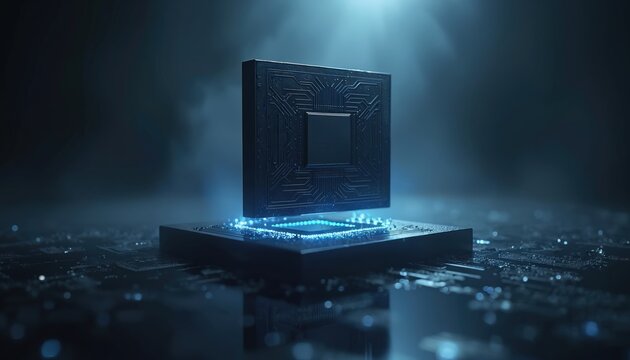Central processing unit floats above circuit board emitting blue light. Computer chip technology concept on dark background. High performance computing innovation. Microelectronics data processing. - Powered by Adobe