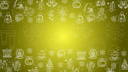 Doodle winter holiday icons line art seamless pattern on a yellow background.