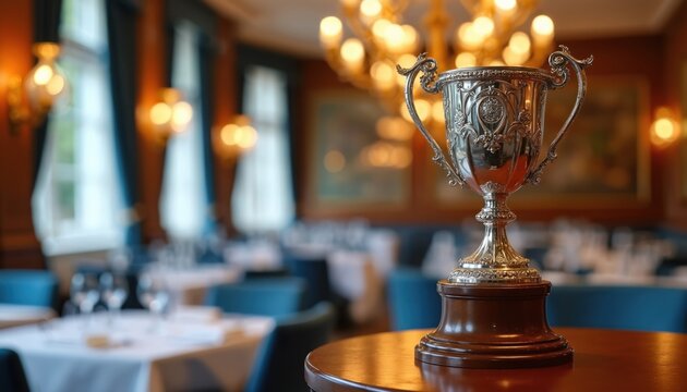Elegant silver trophy rests on wooden table in refined restaurant. Background shows dining tables set for upscale celebration, award ceremony, culinary recognition, or fine dining excellence.
