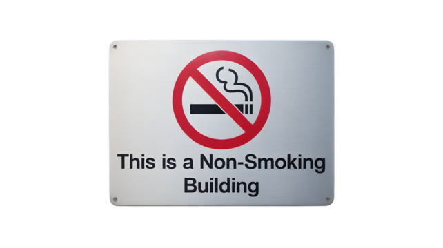 A no smoking building sign is shown with clear text on a transparent png isolated background. - Powered by Adobe