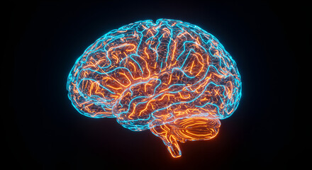 Futuristic brain illustration with vibrant neon lights symbolizing intelligence and innovation for cutting edge technology and medical advancements