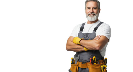 Caucasian male handyman in overalls with a tool belt and crossed arms against a white background with copy space. Concept of reliable craftsmanship and expertise
