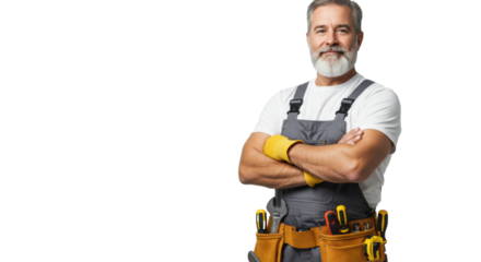Caucasian male handyman in overalls with a tool belt and crossed arms against a white background with copy space. Concept of reliable craftsmanship and expertise