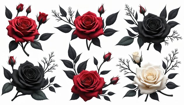 Elegant roses illustration set. Black, red, white colors flowers. Floral decoration for dark romance cards. Gothic rose with buds, leaves. Perfect for wedding invitations design element for posters.