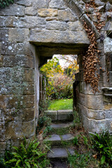 Fototapeta premium Jervaulx Abbey ruins with autumn leaves in morning light