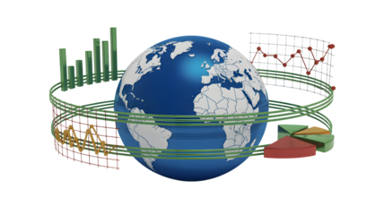 A globe with charts shows world data analysis, transparent png, isolated.