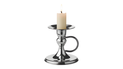 A lit candle stands in a silver candlestick on a transparent png, isolated.