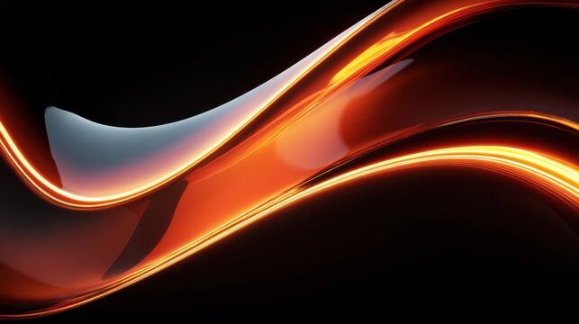 Abstract image of glowing orange and yellow wavy lines with glossy grey elements against a dark background, a dynamic and futuristic aesthetic, blurred orange background - Powered by Adobe
