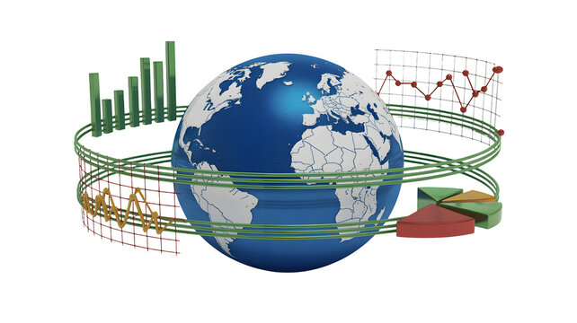 A globe with charts shows world data analysis, transparent png, isolated.