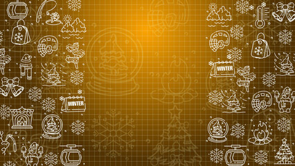 Doodle winter holiday icons line art seamless pattern on a orange background
