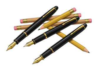 Flat lay vector of classic fountain pens and colored pencils on a white background with copy space. Professional stationery and educational supplies concept