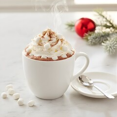 Festive Cup of Hot Chocolate with Whipped Cream and Red Christmas Ornaments 