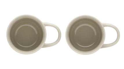 Two simple white mugs are shown from above, isolated on a transparent png background, ready for use.