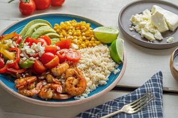 Healthy Gourmet Rice Bowl with Grilled Shrimp, Corn, and Avocado