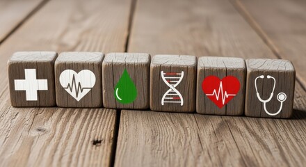 Health symbols represented on wooden blocks for medical concept