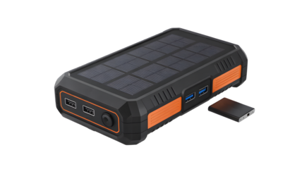 A portable solar charger with multiple ports sits ready for use, transparent png, isolated, power bank.