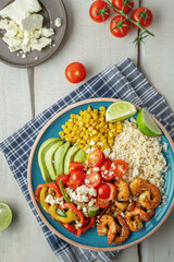 Overhead View of Healthy Shrimp Rice Bowl with Vegetables