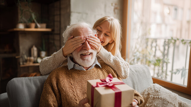 Birthday, christmas or father day gift giving: elderly man receiving a surprise gift from a young woman, sitting together on a cozy sofa, the woman covering his eyes playfully, happy family moment - Powered by Adobe