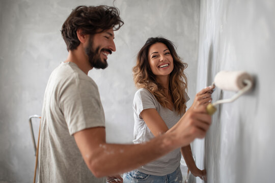 Happy young couple painting a wall together, smiling and enjoying home renovation. Concept of teamwork, love, and home improvement.