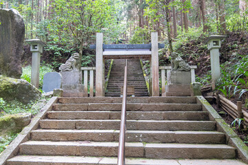 Daiyuzan Saijoji, Minamiashigara, Kanagawa, Japan, Stone steps leading to traditional Japanese shrine gate in forest setting