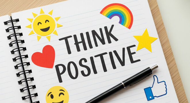 Think Positive Message on Notebook Page with Fun Stickers and Pen, Inspiring Concept - Powered by Adobe