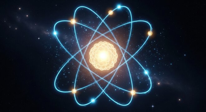 Abstract representation of atomic structure with glowing electrons in orbit