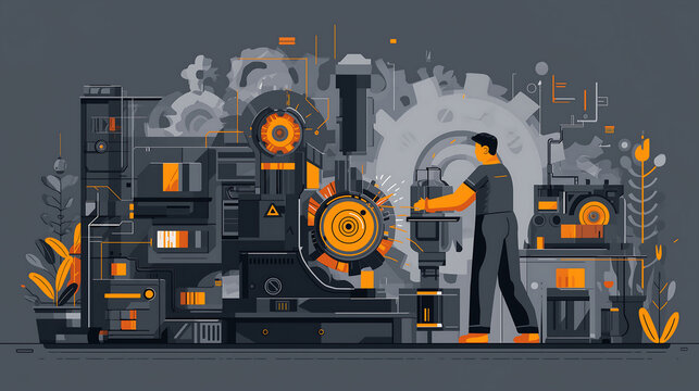 Industrial mechanic repairing machinery with sparks, geometric forms, productivity concept