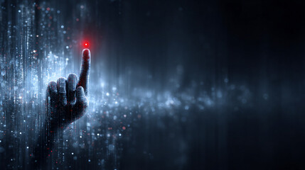 Disembodied Fingertip Hovering Above Glass Data Panel with Single Red Exclamation Icon, Dark Ambient Cyber Interface, Minimal AI Surveillance Concept