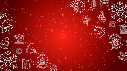 Doodle winter holiday icons line art seamless pattern with particles on a red background.