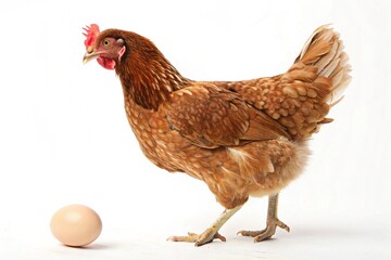 Fototapeta premium A brown hen stands next to a single egg on a white background.