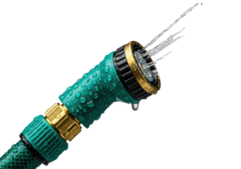 Macro shot of a brass and steel nozzle on a wet teal hose spraying water, isolated on a brilliant white background. Concept of powerful utility and precision