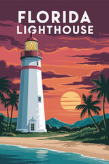 Retro key west lighthouse poster with palm trees, coastal ocean view, and vintage vector design for florida travel and wall art, colorful seaside illustration, iconic vacation scenery.