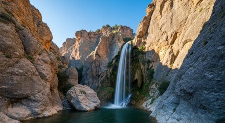 Waterfall cascading into a pool nestled within a rocky canyon
