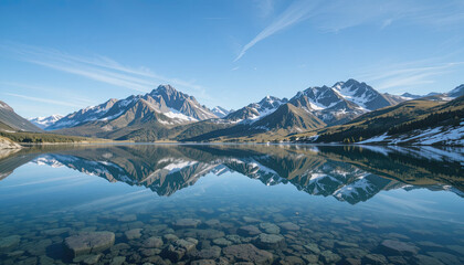 Breathtaking mountain range mirroring in tranquil lake, snow-capped peaks reflecting in crystal-clear water, creating a stunning nature scene for travel and adventure inspiration, serene landscape