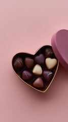 A delightful heart-shaped box filled with an assortment of gourmet chocolates, featuring various textures and artisan designs, set against a soft, minimal background.
