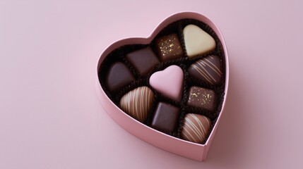 A delightful heart-shaped box filled with an assortment of gourmet chocolates, featuring various textures and artisan designs, set against a soft, minimal background.