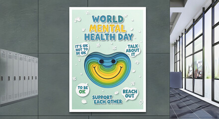 World Mental Health Day awareness poster with supportive messages and smiling face