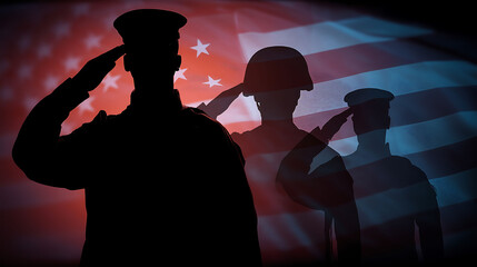Silhouettes of Army, Navy, and Marine saluting against shadowed American flag in red, white, and blue hues