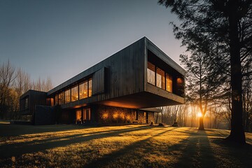 Obraz premium Modernist Cantilever Villa: Dark Wood Structure with Horizontal Lines, Forest Edge Home in Golden Sunlight at Sunrise