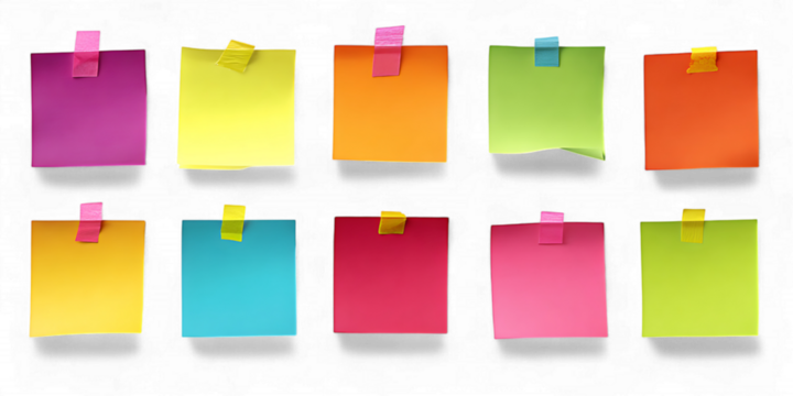 Collection of colorful sticky notes attached with tape for reminders