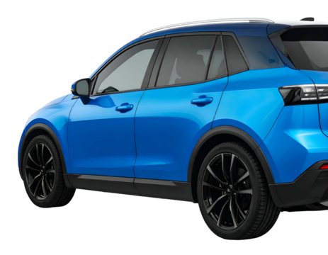 Gleaming blue crossover vehicle, angled rear view, dark wheels