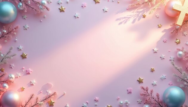 Soft pink backdrop with cross shape, stars, ornaments. Gentle light falls on festive decoration. Perfect for Easter, religious holidays, celebrations, invites. Light pastel colour palette create