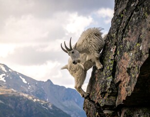 A mountain goat confidently scales a rocky cliff, looking towards the camera