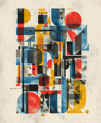 Geometric abstract art modern shapes blue red yellow and black color palette overlapping forms textured background creative composition contemporary style