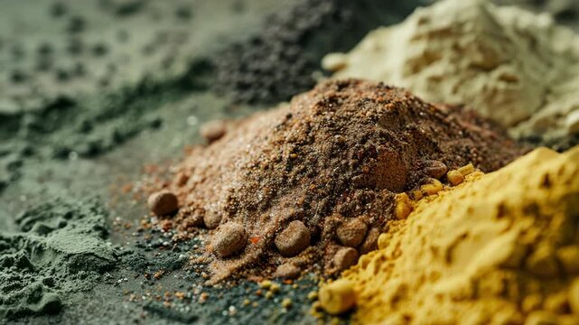 A pile of different colored powders, including brown, yellow, and green. The brown powder is on top of the yellow powder