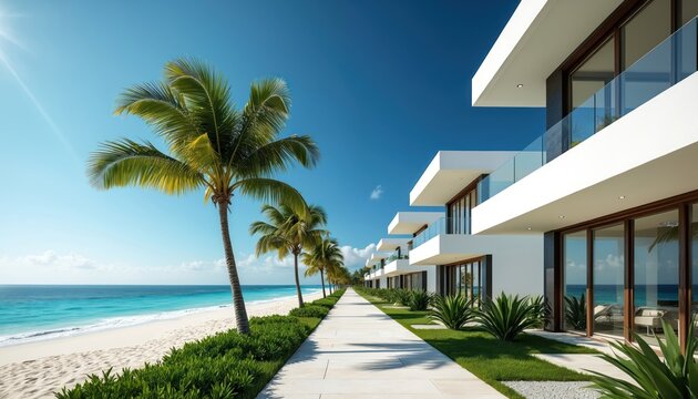 Modern white villas with glass balconies line sunny beach path. Palm trees sway beside turquoise ocean waves. Rich green lawns border clean white sand shore. Luxury vacation homes offer coastal