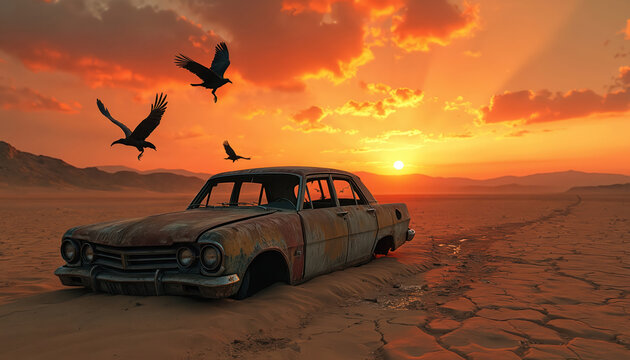 Rusty abandoned car sits half buried in sand dune during arid sunset. Birds fly over desolate wasteland. Dry cracked ground and distant mountains under orange sky.