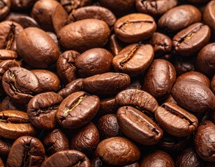 Close Up of Rich Dark Roasted Coffee Beans Filling The Frame with Detailed Textures and Colors, Studio Lighting